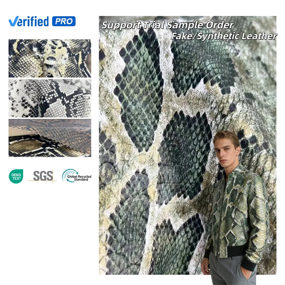 STOCK Synthetic Leather Fabric Embossed Snake Pattern PU Leather Fabric 2 Way Stretch  Pu Leather Fabric for Garments