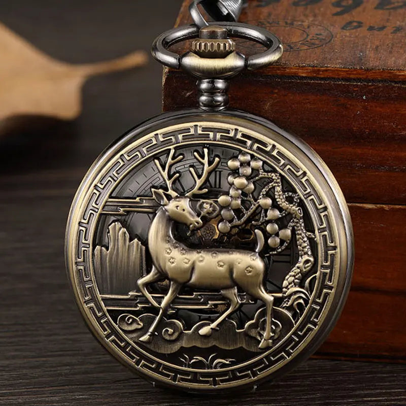 Vintage Bronze Deer Mechanical Pocket Watch Men Steampunk Hollow Unisex Skeleton Fob Hand Watch Chain Necklace Black Watch Gift