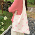 Women's Korean-Style INS Inspired for Pink Butterfly Bows Design Single Shoulder Knitted Crochet Tote Bags-Wholesale for Summer