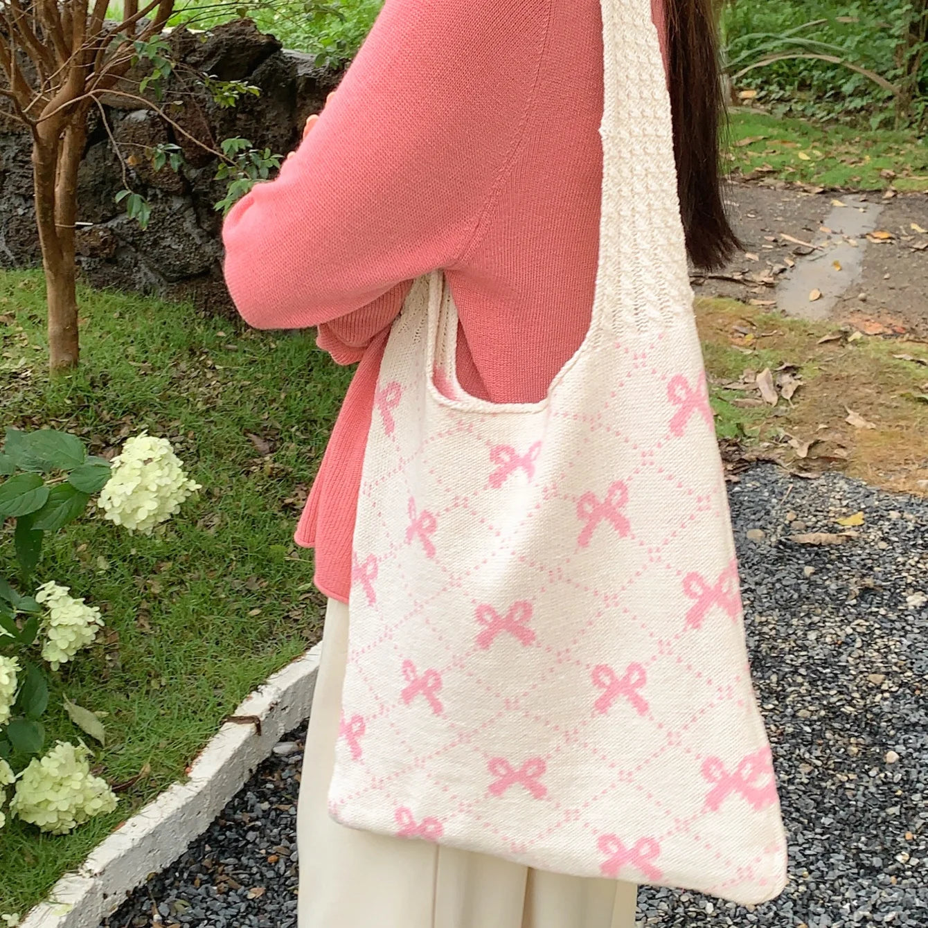 Women's Korean-Style INS Inspired for Pink Butterfly Bows Design Single Shoulder Knitted Crochet Tote Bags-Wholesale for Summer