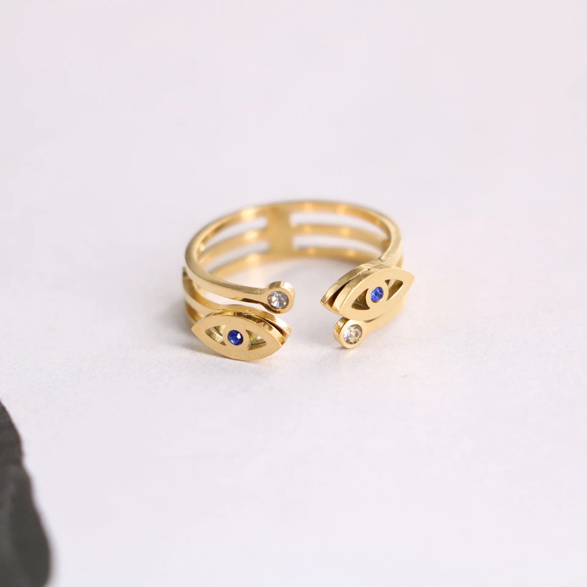 2023 Hot Three Layered Blue Eye Ring Stainless Steel 18k Gold Opening Ring Blue Zircon Diamond Ring for Women