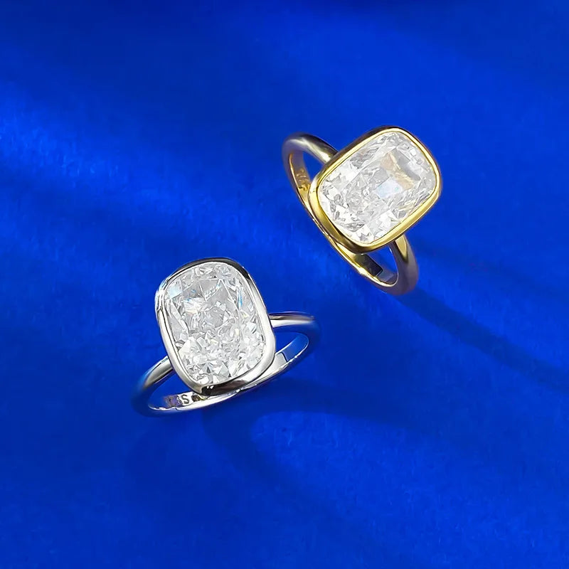 Classic 925 Sterling Silver 8*11mm square White diamond Ice Flower Cut Bezel-set Cubic Zirconia Ring