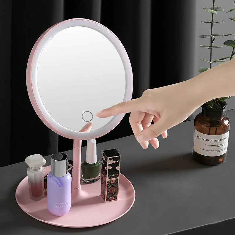 Custom Touch Screen Desktop Makeup Mirror Led Vanity Mirror Single Side Makeup Mirror with Storage Tray
