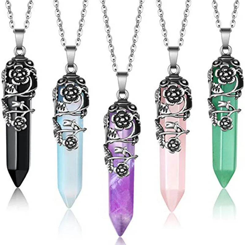 Wholesale Natural Stone Crystal Hexagonal Pendant Necklace with Flower Packing Tip Quartz Yoga Healing Gemstone Bullet Pendant