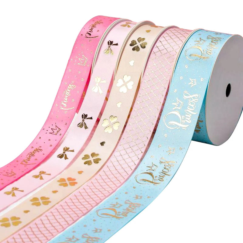 100% Satin Ribbon Printed pink Ribbon Hot Stamping 3D Gold/silver  Shiny logo for Wrapping Flower