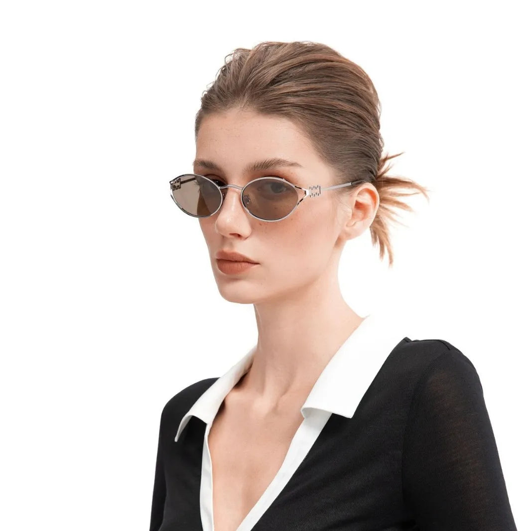 European American Retro High Fashion Sunglasses Unisex Blue Glass Gold Green Custom Lens Punk Oval Alloy Hollow Line Blue Face