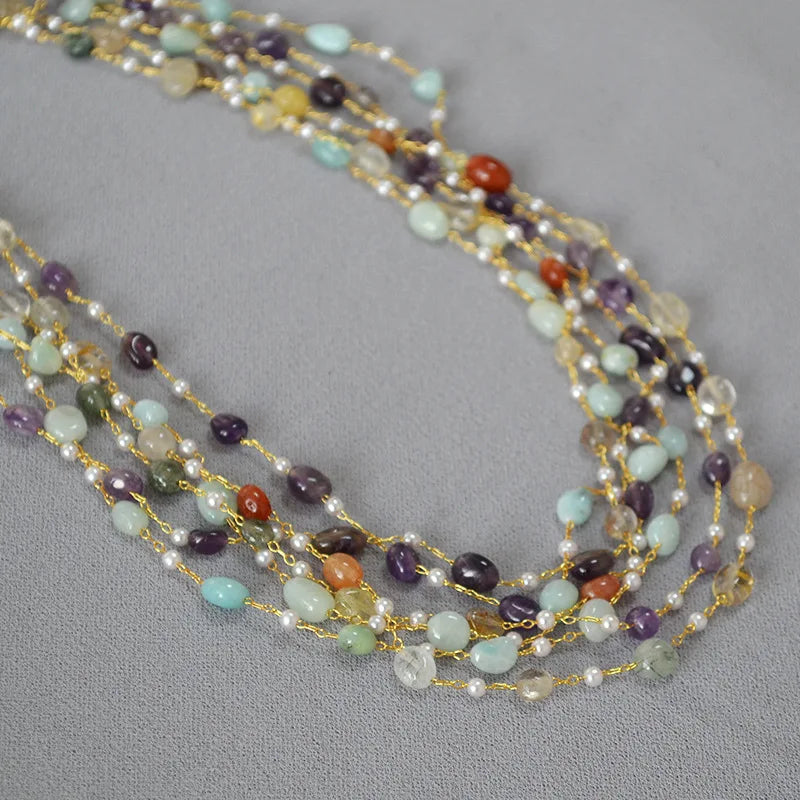 Winter Popular Brass Colorful Natural Stone Beaded Necklace Multi-layer Sweater Chain Agate Beaded Necklace for Women Gift