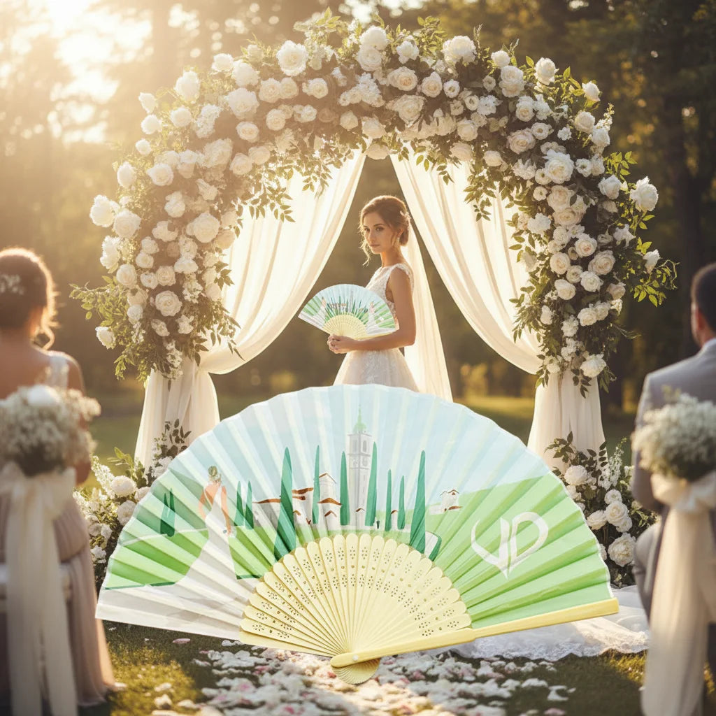 Custom LOGO Angel Style Handmade Wooden Folding Bamboo Handheld Fans Wedding Favors Silk Patterned Souvenirs