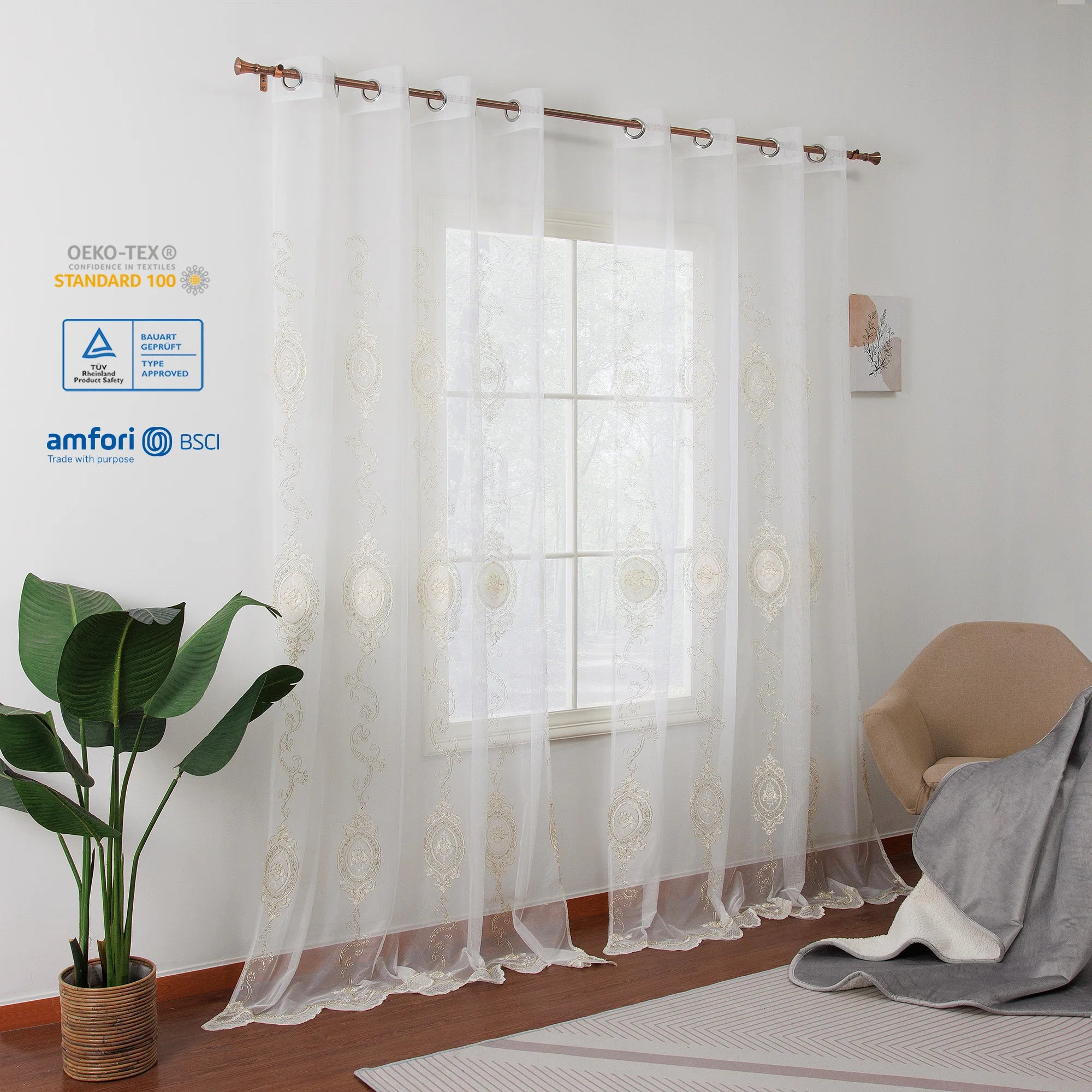 Wholesale Luxury European Design Sheer Embroidery Tulle Curtains Embroidered Drapes with Lace Edge for Home Living Room Bedroom