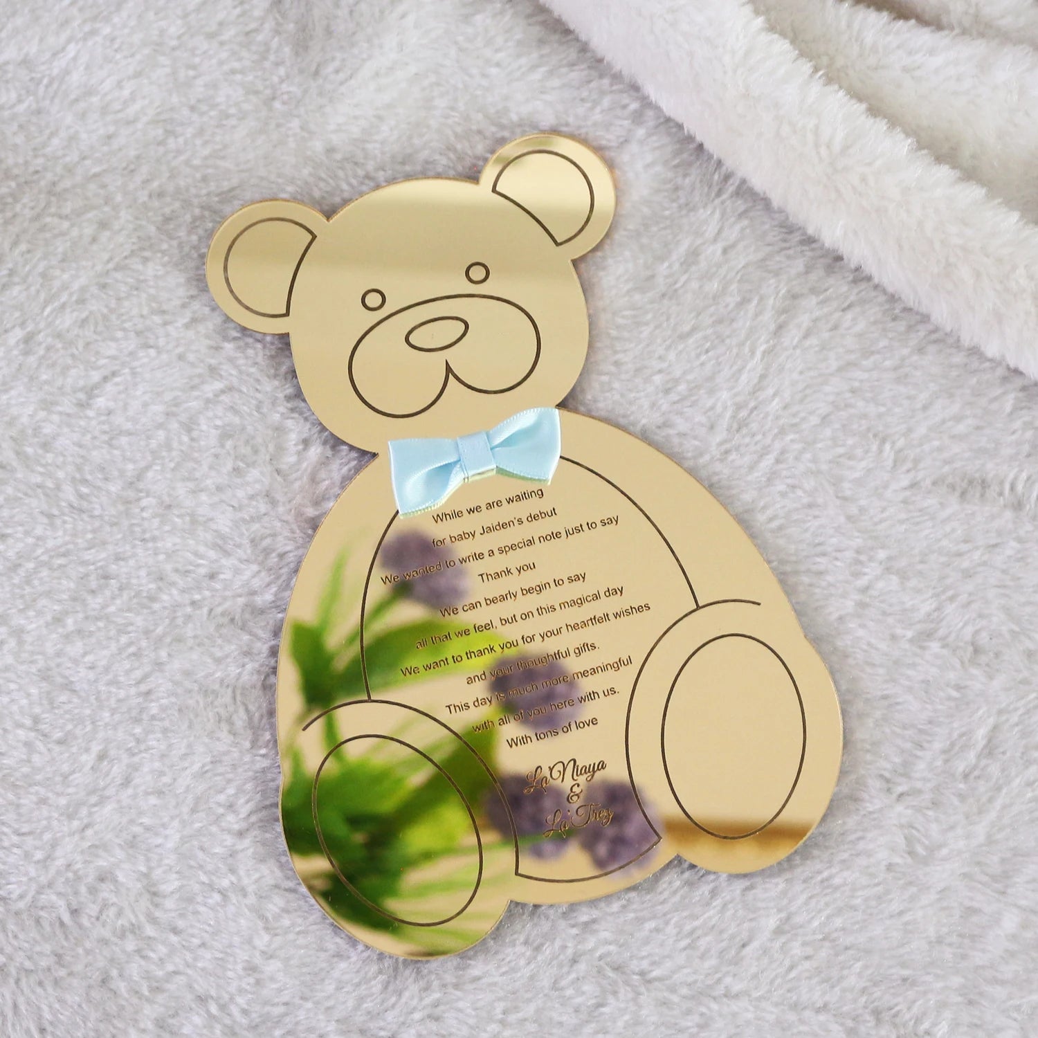 2025 Unique Cute Bear Shape Golden Mirror Acrylic Invitation Cards with Engraved Text and Ribbon Tie for Wedding/party/holiday