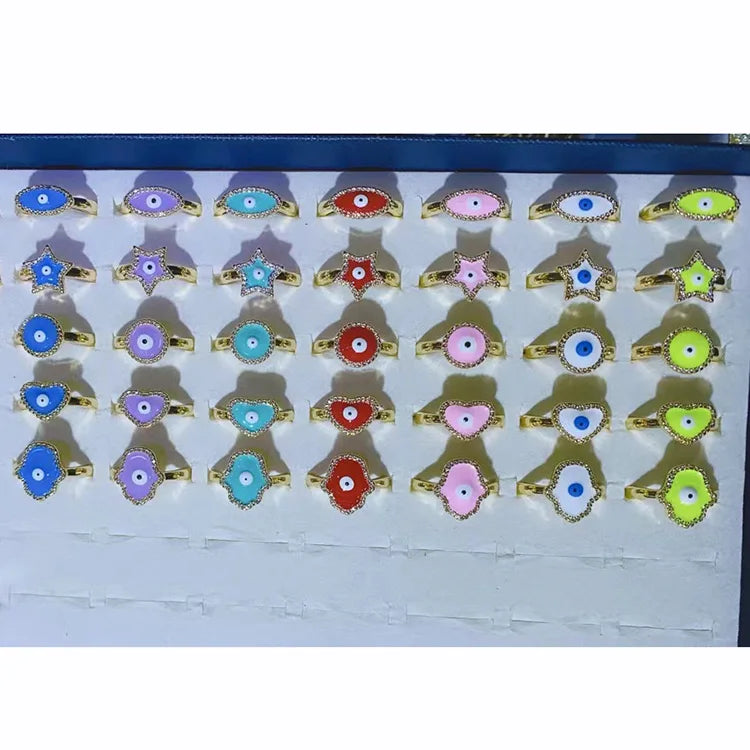 RM1394 Chic Boho Rainbow Enamel Pink Blue Red White Purple Yellow Round Heart Star Hamsa Hand Star Shaped With Evil Eyes Rings