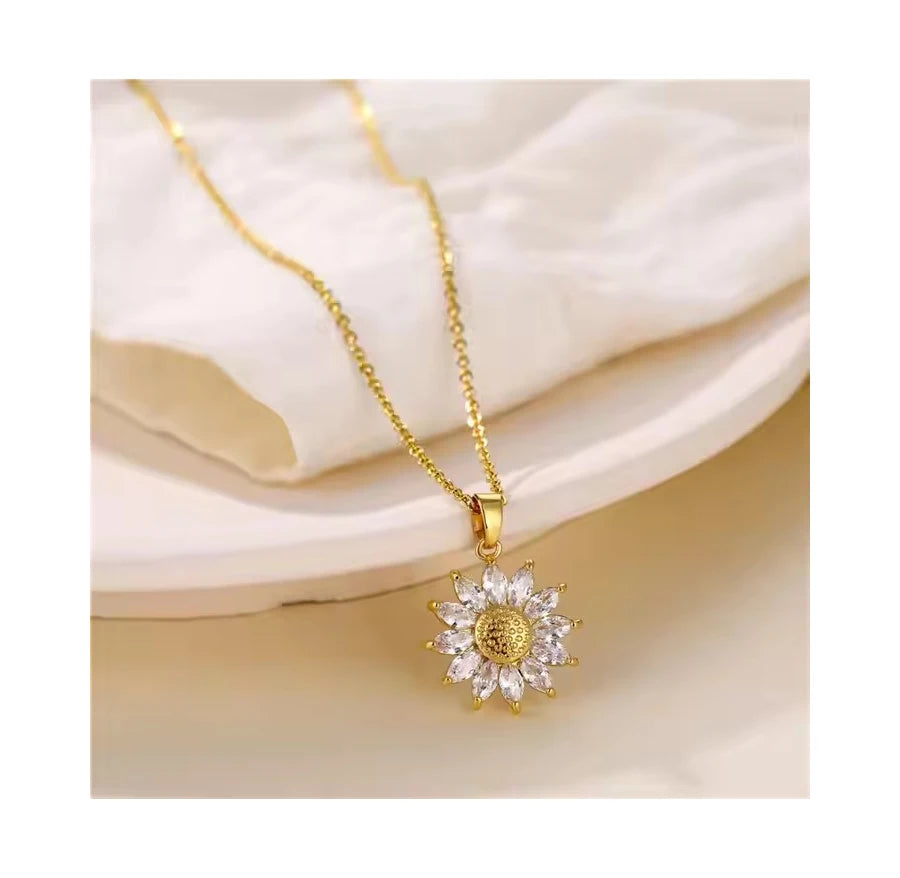 You Are My Sunshine Sunflower Necklace 18K Gold Titanium Steel Crystal Zircon Flower Pendant Necklace for Women