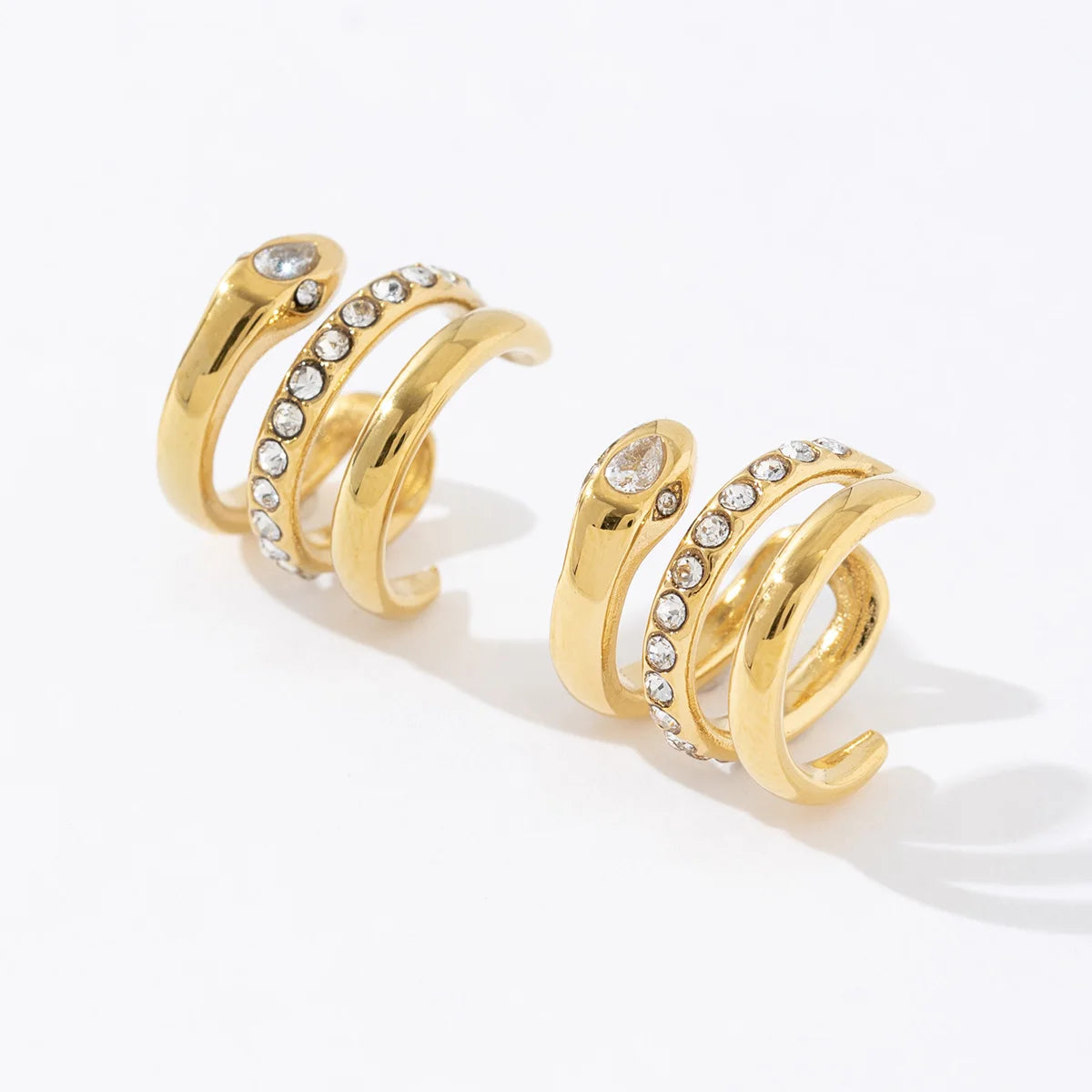 Modern Style Diamonds Gold Plated Trendy Stainless Steel Women Hug Double Hoop Zircon Snake Earrings