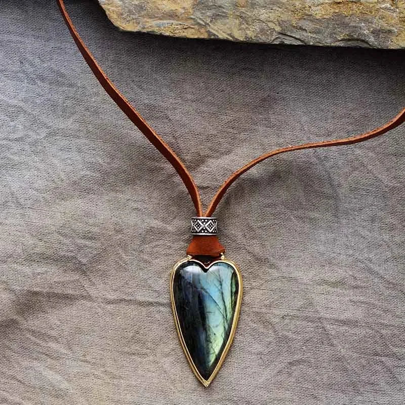Labradorite Boho Leather Cord Pendant Necklace Natural Stone Heart Shape Bohemia Wedding Party Jewelry with Rope Chain