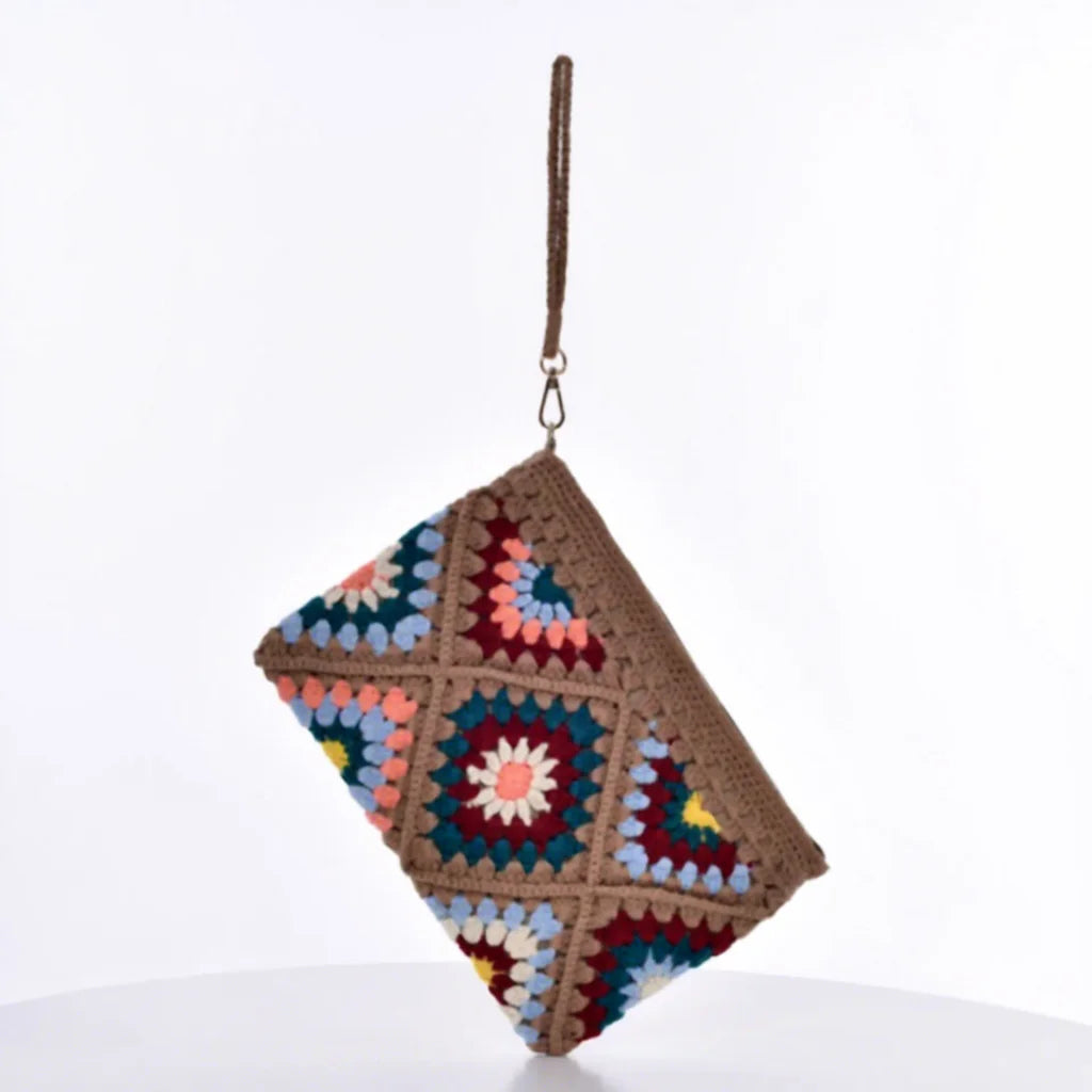 Handmade Crocheted Wool Solid Bag for Women Cut Niche Design Flowers Zipper Closure Polyester Lining for Autumn Season
