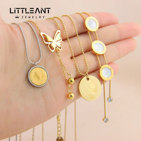 Little Ant Jewelry Gold Plated Coin Necklace Stainless Steel Butterfly Pendant Necklace