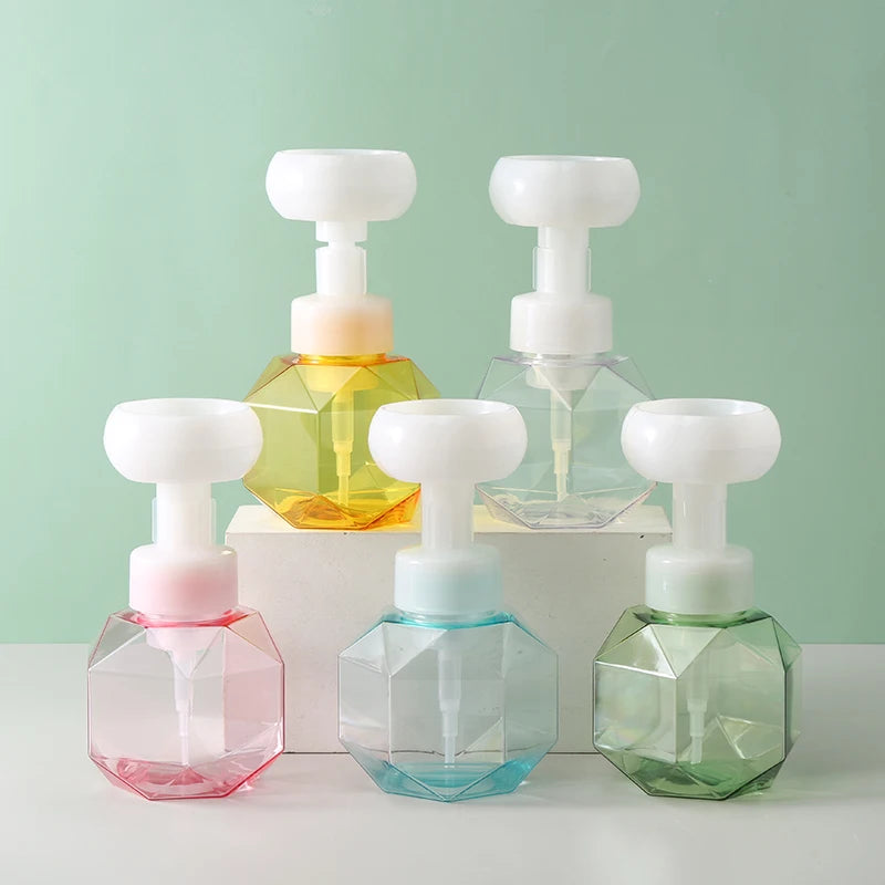 2022 New Design Cosmetic PETG Pink Empty Foaming Flower Head Foam Hand Soap Cleanser Pump Bottle 300ml Shampoo Foam Bottle