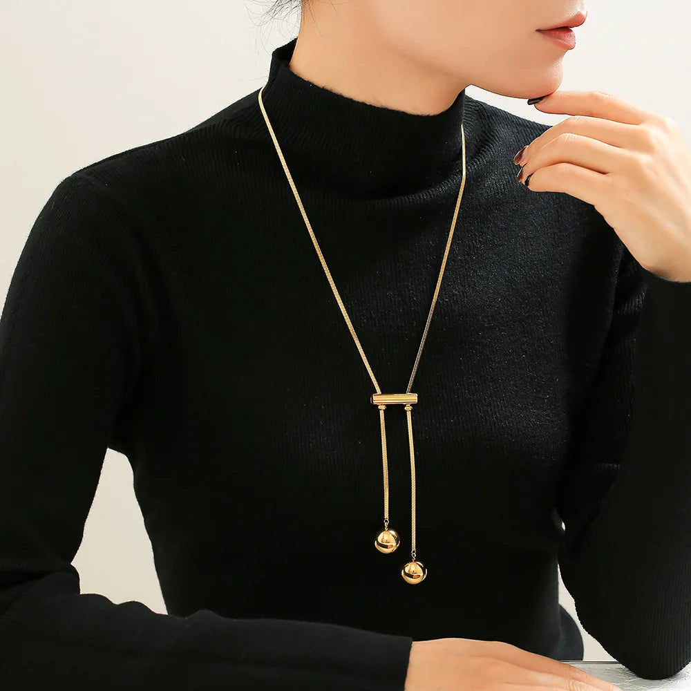 YF3969 Stainless Steel Waterproof Hollow Bead Sweater Chain Fashionable 18k Gold Plated Long Tassel Pendant Necklace