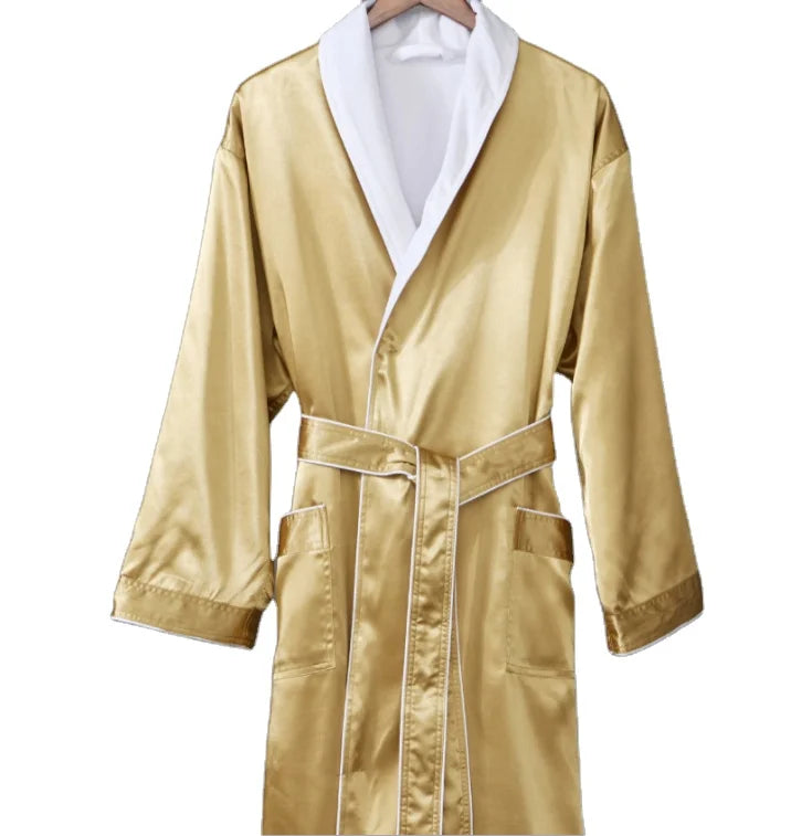 Luxury Custom Golden Silk Satin Bathrobe Hot Sale Long Size and Thick Warm Silk Unisex 5 Star Satin Bath Robes Men Women