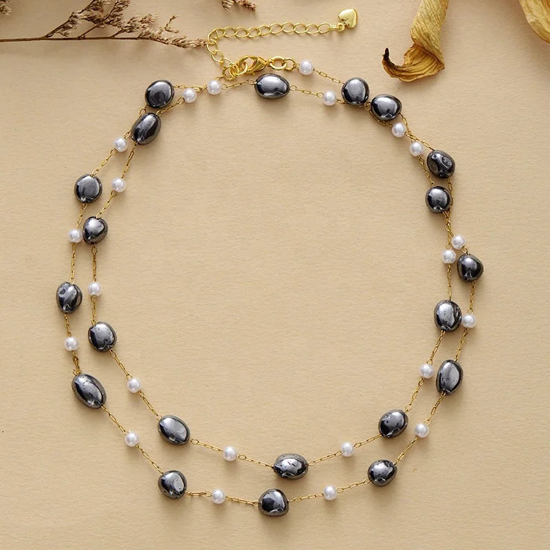 Boho Chic Lariat Necklace Stainless Steel Gold Plated Pearl Hematite Floral Flower Beads Romantic Wedding Party Jewelry Orthodox
