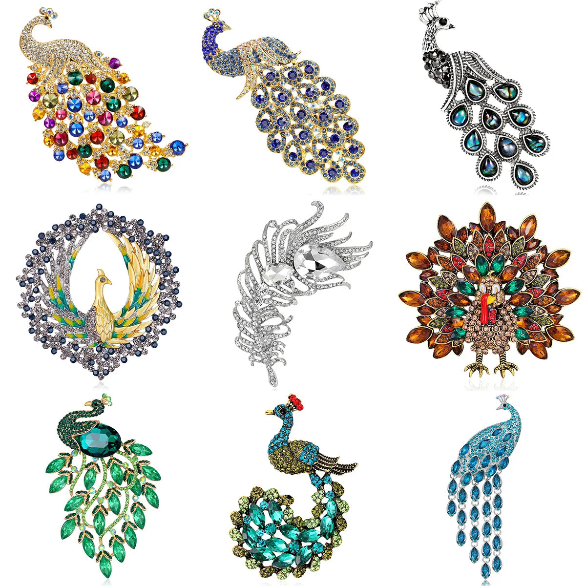 Fashion Jewelry Rhinestone Zinc Alloy Animal Peacock Plume Brooch Wholesale Crystal Brooches Pin for Women Dress Accessories