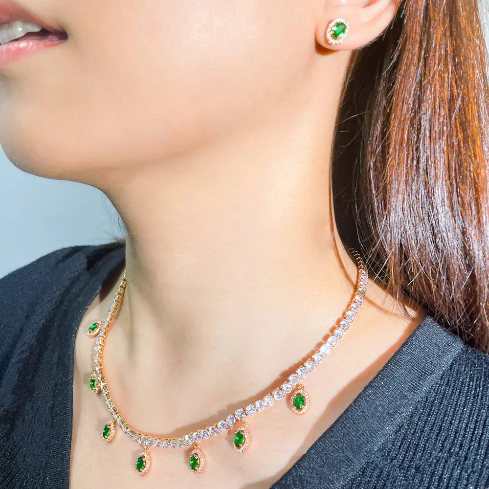 Round Drop Green CZ Stone Charm Necklace Earrings Trendy Boho Summer Party Dubai Jewelry Set for Women Wedding Accessories
