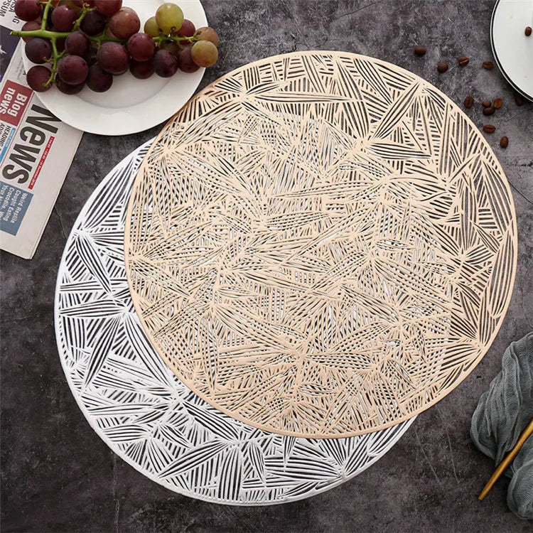 Round PVC Bamboo Leaf Western Table Mat Hollow Metallic Pressed Vinyl Placemat for Wedding Hotel Dining Table Decoration