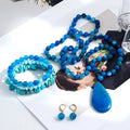 Western Bohemian Vacation Jewelry 8mm Multicolor Striped Agate Drop Pendant Necklace Bracelet Earrings Set