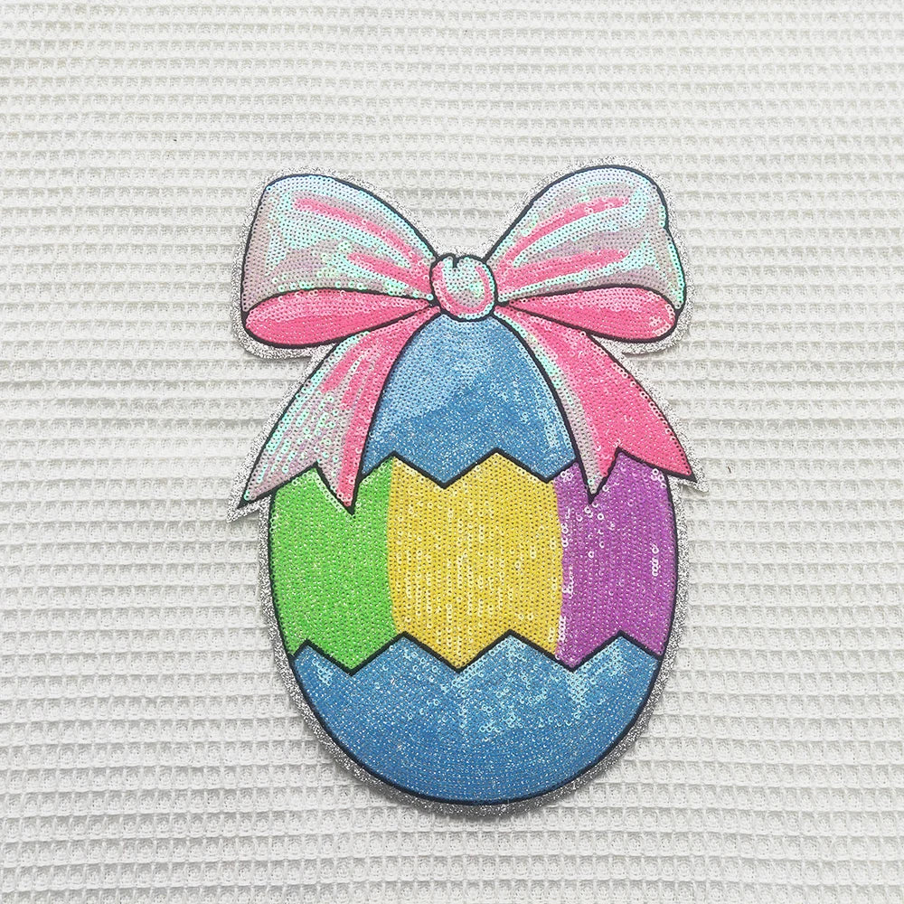 Easter Sequin Egg Patch Custom Rabbit Bow Large Glitter Chenille Sequin Embroidery Iron on Patches for Clothes T Shirt