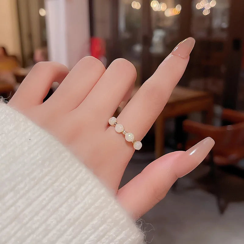 Light Luxury Opal Ring for Women Opening Adjustable Index Finger Ring Minimalist Geometric Elastic Multi Beaded Pearl Rings