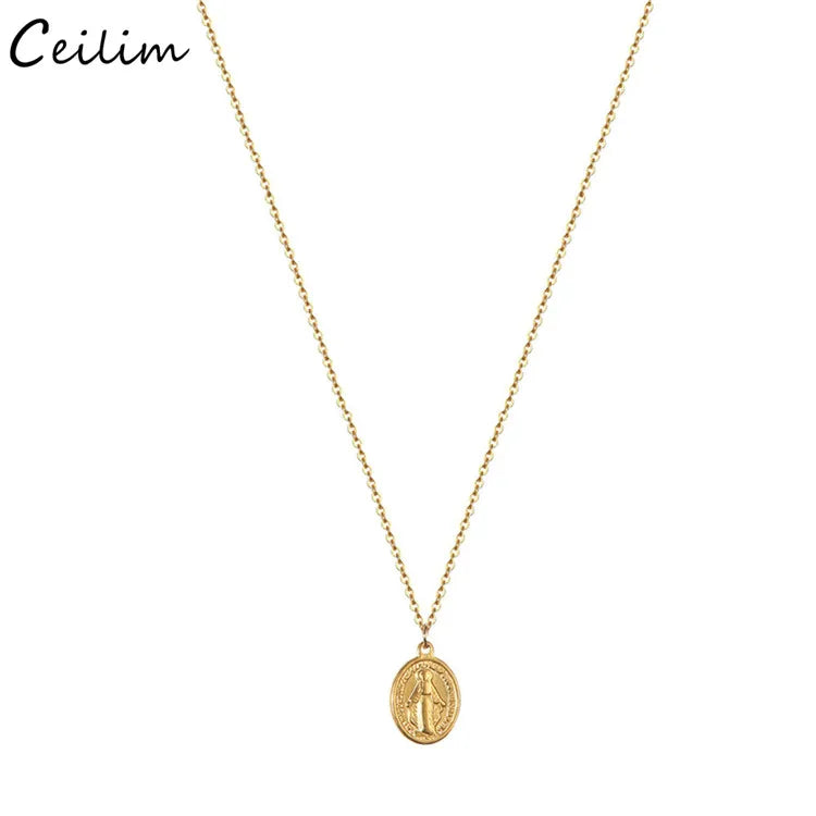 Religious Jewelry for Women Men Gold Plating Stainless Steel Virgin Mary Pendant Necklace