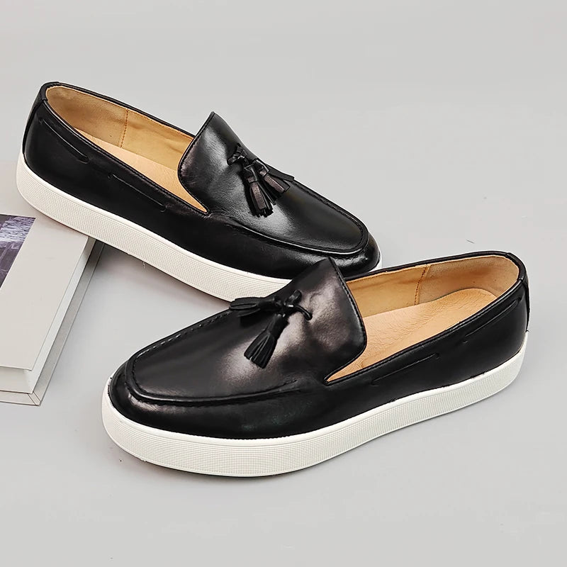 Trendy Genuine Cow Leather Dress Shoes Round-toe Slip-on Closure  Walking Loafers Male Flat Shoes Men's Casual Shoes