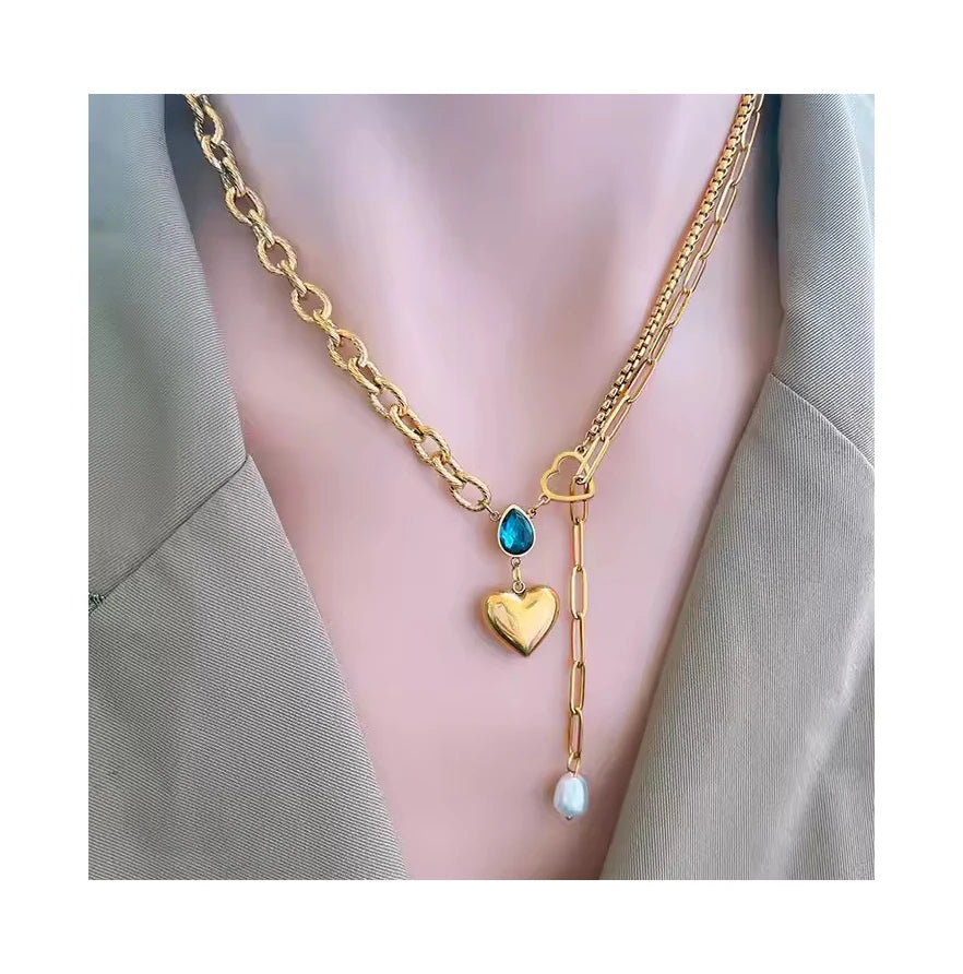 New Blue Teardrop Zircon Heart Necklace Stainless Steel Pearl Tassel Chain Choker Gold Heart Pendant Necklace for Women