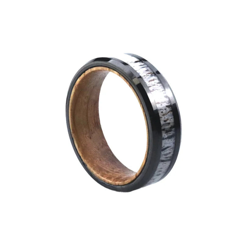 Poya 8mm Beveled Edge Whiskey Barrel Liner Deer Antler Inlay Black Tungsten Ring