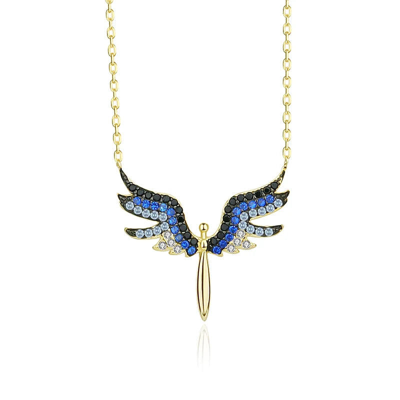 Damila Handmade Silver Jewelry Zircon Charm Necklace Gold Plated Dainty Blue Black Cz Angel Wing Pendant Necklace