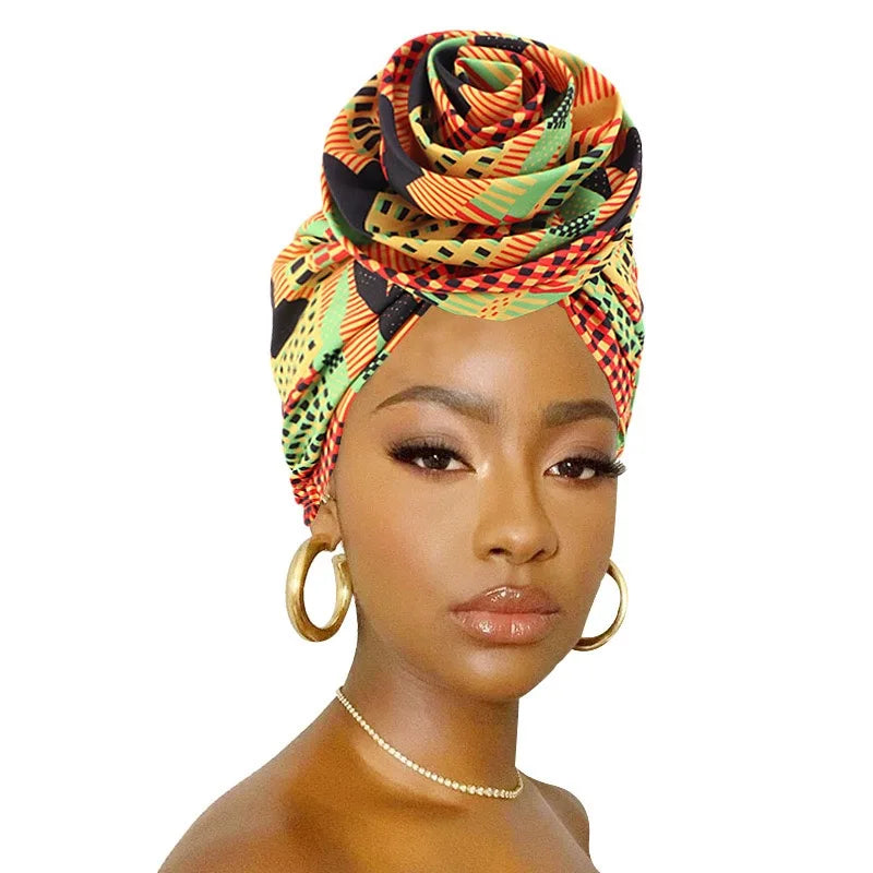 F0006 African Print Stretch Bandana Head Wrap Long Scarf Satin Floral Ankara Dashiki Women Party Turban Headwear Hat