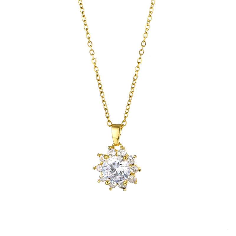 Hot Sale Fashion Gold Stainless Steel Necklace Temperament Simple Zircon Necklace Delicate Glitter Crystal Flower Necklace