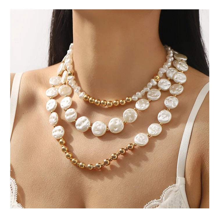 New Irregular Round Pearl Clavicle Chain Fashion commuter Multi-layer Beaded Chain Necklace Set Wholesale
