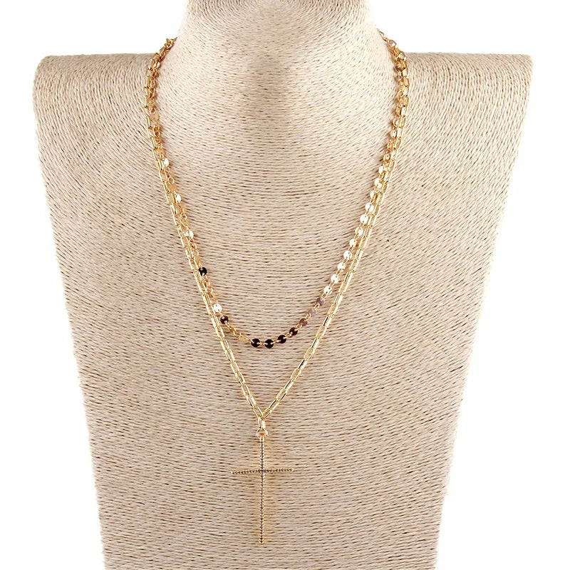 Delicate Two Layer Gold Chain Necklace Cubic Zircon Flower Moon Arrow Charm Cross Pendant Choker Necklace