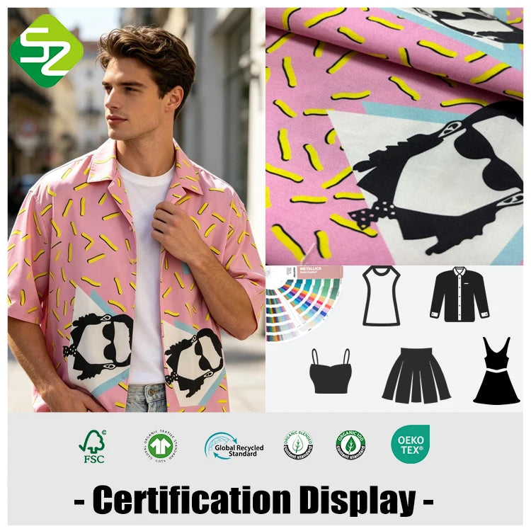 100% Organic Cotton Sateen Fabric Lightweight 110GSM Used for Pink Pop Art Trendy Woven Shirt