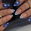 24 Pcs 3538 Bohemian Style Blue Heart Totem with White French Short Almond Press on Nails Artificial Fingernails
