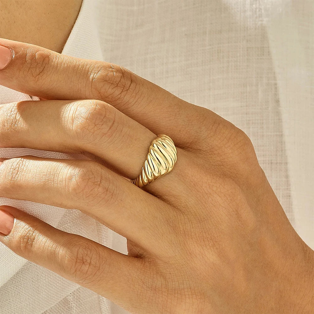 Croissant Ring Gold Plated Stainless Steel Cocktail Ring Engraved Stripes Braided Twisted Rope Chunky Princess Cut Trendy