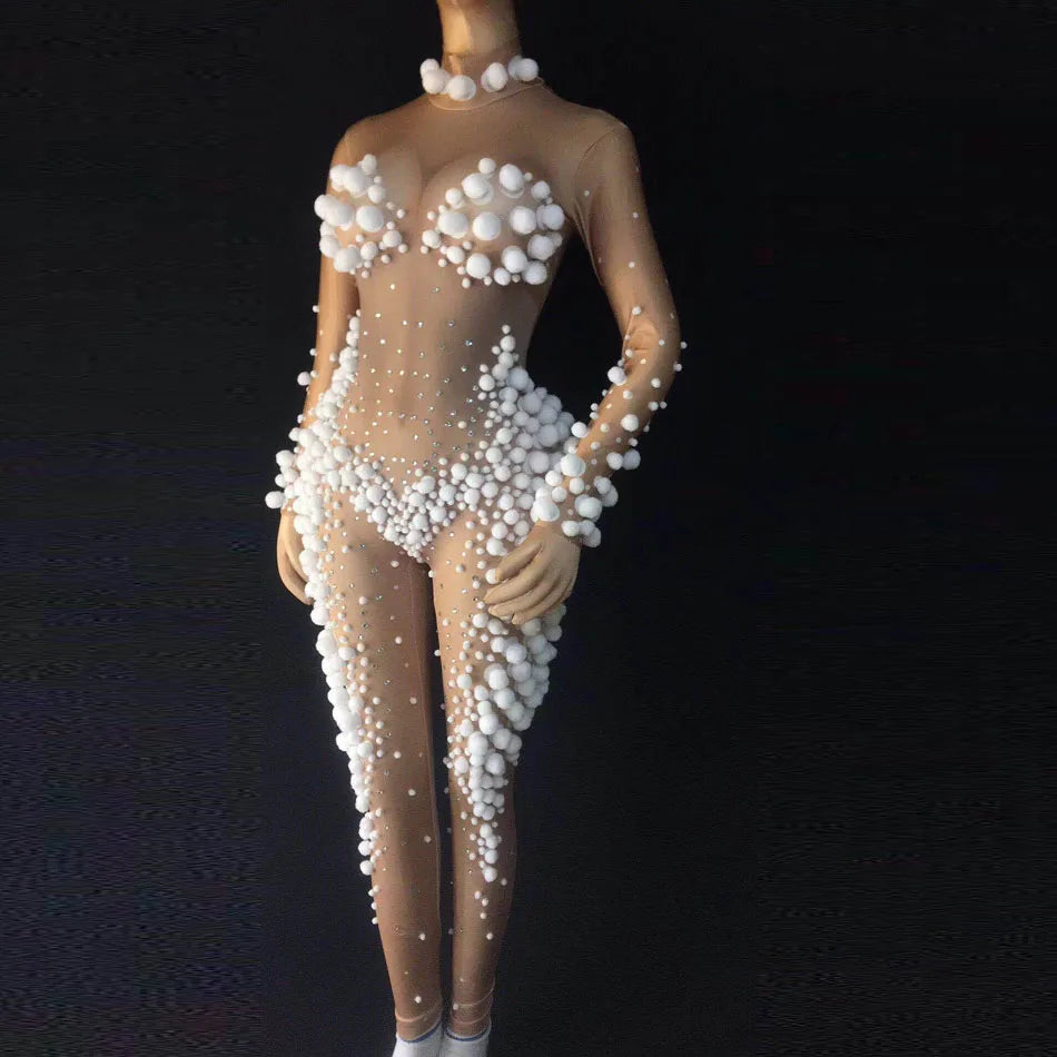 Sexy White Pearl Bubbles Jumpsuits Dancing Party Dresses Women Lady Club Bodysuit Stage Wear