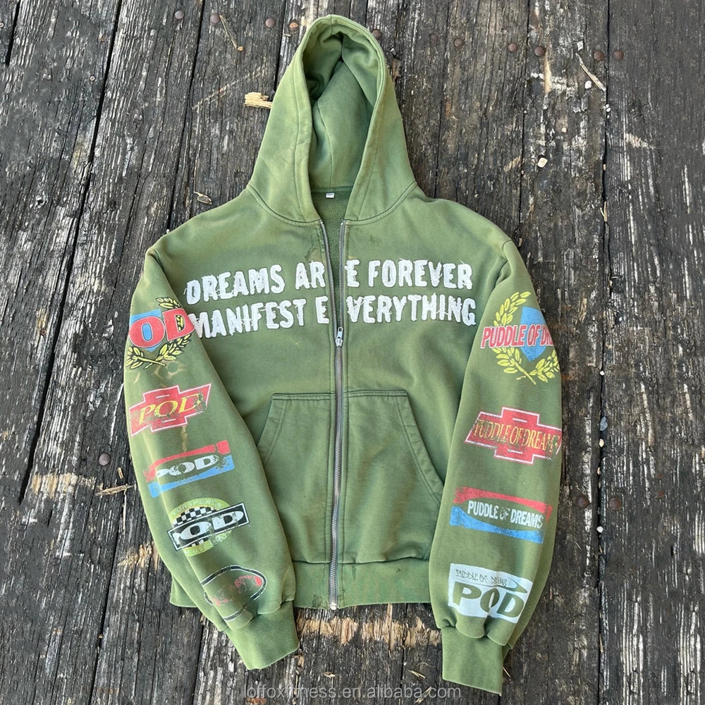 New Design Autumn Embroidered Letter Print Graphic Patch Heavyweight French Terry Eco-Friendly Streetwear Oversized Distressed