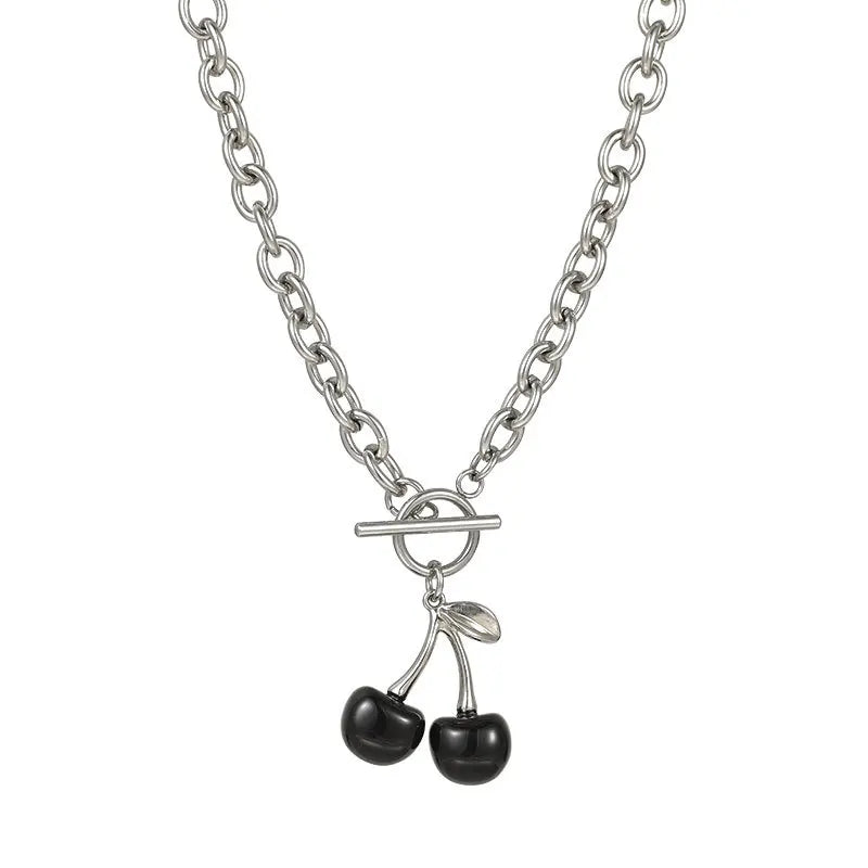 SC Tide Cold Wind Design Sense Stainless Steel Necklace Fashion Hip-hop Black Cherry Pendant Neck Chain Necklace for Women
