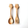 Cute Rabbit Elephant Animal Shape Stainless Steel Wood Handle Flatware 2-Piece Fork Spoon Set for Children Baby Presents