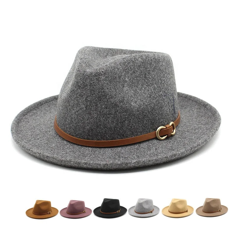 Landfond Accessory Vintage Wide Brim Felt Fedora Hat Wide Brim Panama Hats With Belt Metal Buckle Spring Autumn Winter 56-58cm