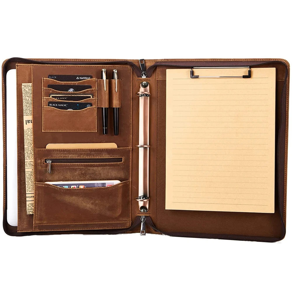 Vintage Brown Portfolio Binder Professional Padfolio Organizer with 3 Ring Business Portfolio Folder with Clipboard