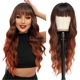 Bangs Wavy Curly Wigs Water Wave Wig Black Brown Blonde Auburn Heat Resistant Synthetic Fiber Wigs Daily Wear Women Hair