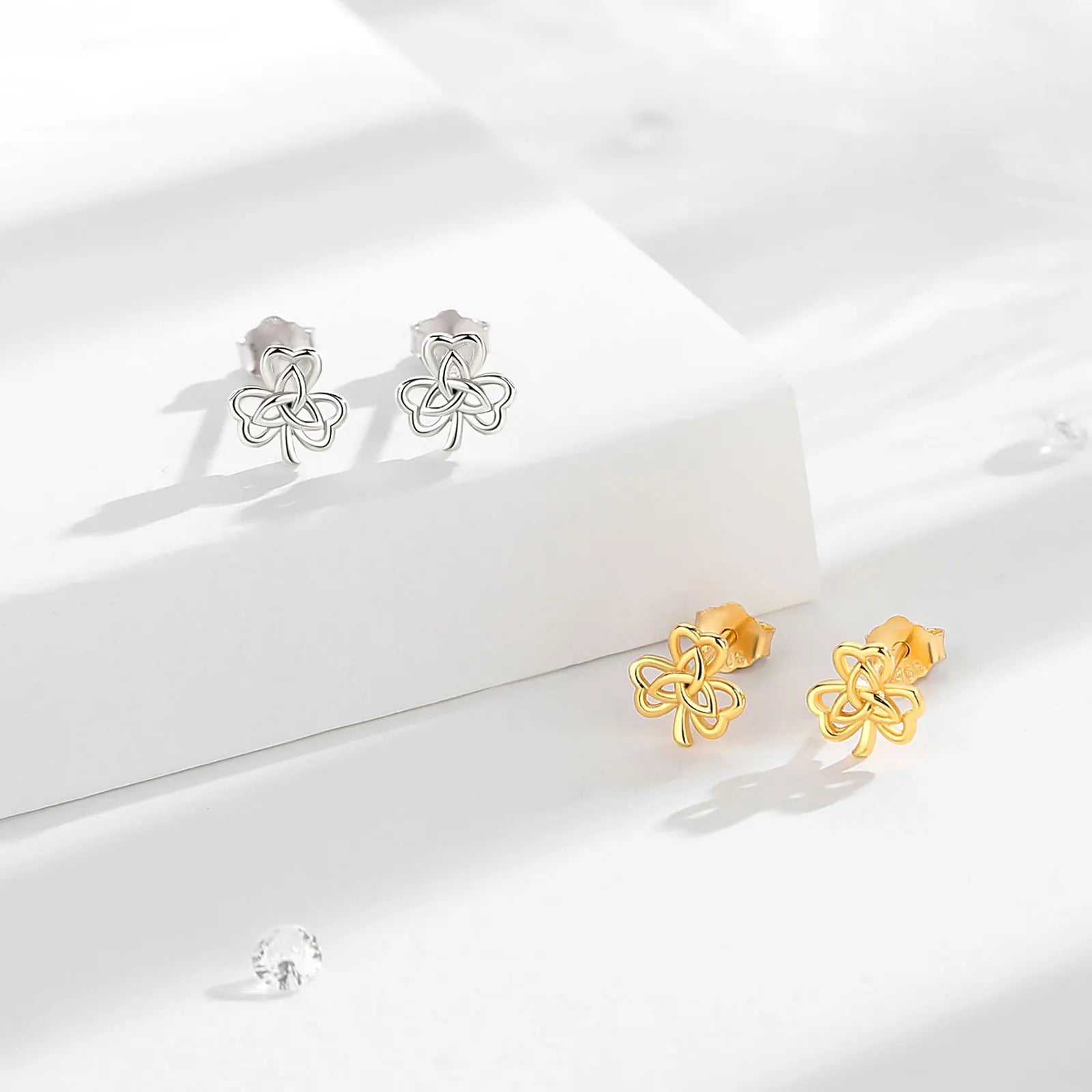 Merryshine S925 Sterling Silver Fine Jewelry Good Luck 18k Gold 3 Leaf Clover Irish Shamrock Earrings